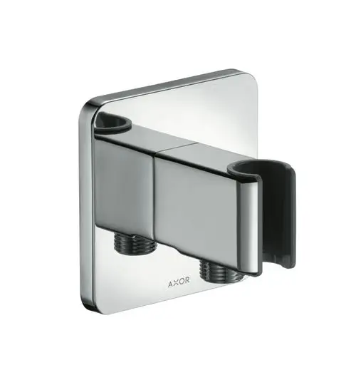 Wandmontierte AXOR Produkteinheit in glänzendem Chrom mit zwei angeschlossenen Anschlüssen und einem Halter. Ideal für Duschinstallationen.